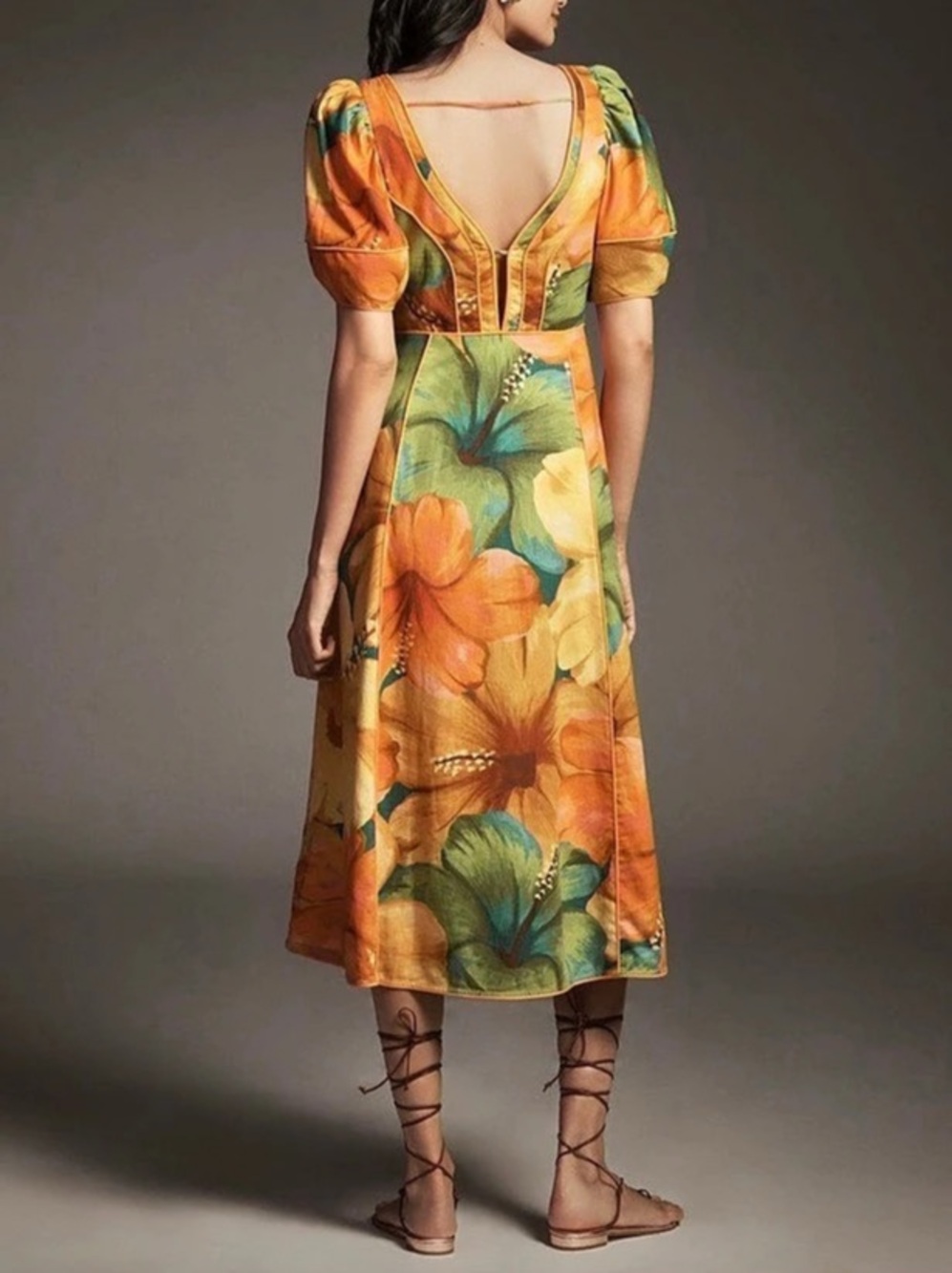Farm Rio Printed Linen Blend Cutout Midi Dress (Tropical Cocktail) Orange & - Picture 6 of 7